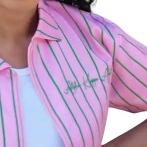 Chemise de travail rayée rose et verte pour femme, manches courtes, boutonnée, style décontracté, avec motif contrastant - Product Image 3