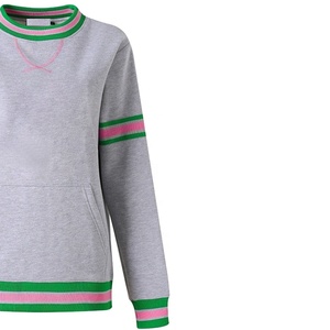 Sweat-shirt gris à col rond pour femme avec rayures vertes et roses, haut tricoté décontracté à manches longues avec poches - Product Image 5