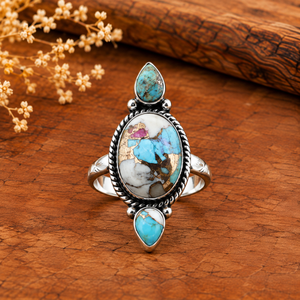 Anillo Largo de Cobre Azul Turquesa con Diseño Multicolor del Suroeste, Hecho a Mano, Estilo Bohemio Occidental, Joyería con Piedras Preciosas, Anillo Ajustable - Product Image 1