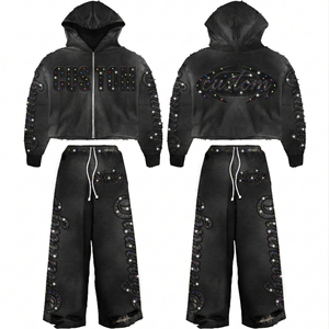 Survêtement personnalisé de qualité supérieure avec impression sérigraphique et broderie en strass effet délavé, style streetwear tendance pour unisexe - Product Image 2