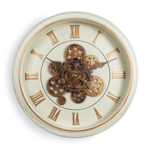 Moving gear wall <b>clock</b> 18 inch white vintage rustic frame with <b>silent</b> bronze gold numbers for home décor - Product Image 1