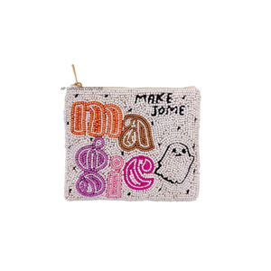 Monedero de Halloween hecho a mano con cuentas de semillas y diseño de fantasma que crea magia, mini bolsa con cremallera, patrón creativo de Halloween - Product Image 1