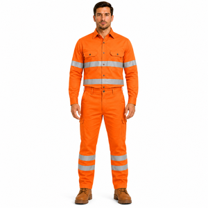High Quality Men Industry Wear Button <b>Down</b> Shirt Cargo <b>Trousers</b> Uniform Set High Visibility Band Workwear Reflective Safety Wear - Product Image 1