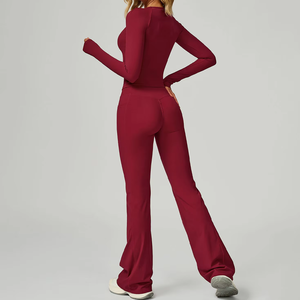 Conjuntos de Yoga sin Costuras para Mujer, Leggings de Cintura Alta con Corte Acampanado, Manga Larga, Traje Deportivo Sólido con Elasticidad en Cuatro Direcciones - Product Image 3