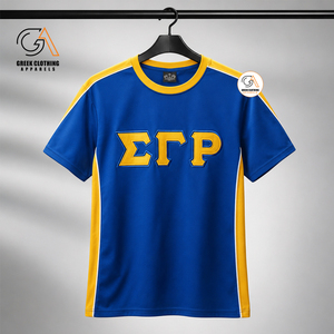 Ropa Griega, Camiseta Deportiva con Bordado Sigma Gamma Rho en la Parte Delantera, Azul y Amarillo, Secado Rápido, Cuello Redondo, Manga Corta, Informal - Product Image 1