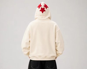 Sweat-shirt en molleton décontracté pour homme, couleur crème, avec appliqué étoile rose, coupe ample, broderie personnalisée, streetwear, vêtements d'automne et d'hiver - Product Image 4
