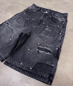 Shorts en jean noir délavé et usé |   Shorts en jean streetwear multi-poches |   Jean baggy déchiré |   Fabricant de Marques Privées OEM - Product Image 4