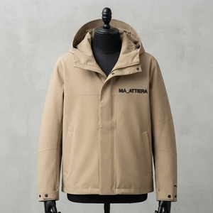 Chaqueta cortavientos beige con capucha para hombre, chaqueta exterior con cremallera completa, puños ajustables y bolsillos frontales - Product Image 1