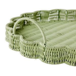 Decorative Green PE Rattan Tray with Handles Round Scalloped Design Handwoven Storage <b>Basket</b> for Home Kitchen <b>Coffee</b> <b>Table</b> Use - Product Image 4