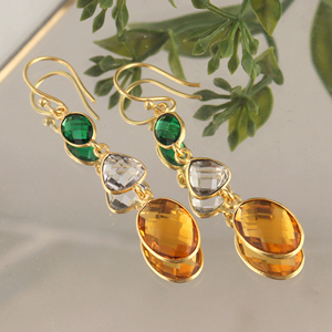 Attractive briolette hydro quartz checker cut fancy stone bezel setting drop <b>hook</b> <b>earring</b> handmade 18k gold plated brass dangle - Product Image 3