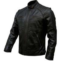 Veste de motard en cuir véritable pour homme, noire, vintage, effet vieilli, en promotion