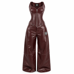 จั๊มสูทหนัง PU สีน้ำตาลสำหรับผู้หญิง แบรนด์ Twill Sports แขนยาว ปิดด้วยเชือกผูก ขากว้าง ยาวเต็มตัว ระบายอากาศได้ดี เหมาะสำหรับฤดูหนาว ดีไซน์ 2 in 1 - Product Image 1