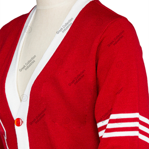 เสื้อคาร์ดิแกน DST Delta ลายทางแดงขาวสำหรับผู้หญิง คอวี ถักอะคริลิก ปักโลโก้ มหาวิทยาลัย  แบบสั่งทำพิเศษ - Product Image 4