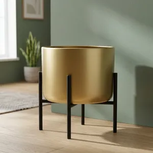 Pot de fleurs décoratif moderne en métal doré fait main avec support noir pour plantes d'intérieur, salon, bureau, chambre - Product Image 6