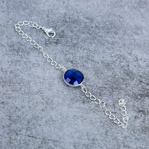 Blue Sapphire <b>Gemstone</b> 925 Sterling Silver Plated Round Shape Bezel Connector <b>Bracelet</b> For Women 7-8'' - Product Image 2