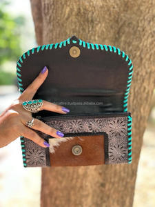 Portefeuille à lacets Turquoise en cuir repoussé pour femmes portefeuille en cuir de vachette véritable point à la main cheveux occidentaux sur portefeuille de carte de crédit caché - Product Image 5