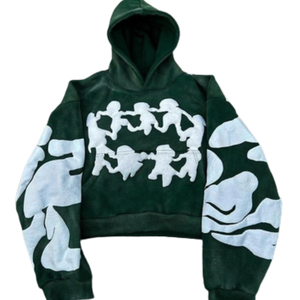 Felpa Oversize alla Moda con Stampa Mimetica Verde e Figure Bianche sul Logo Frontale, Unisex, Casual, per l'Autunno, in Spugna Francese di Cotone Lavorato a Maglia - Product Image 3
