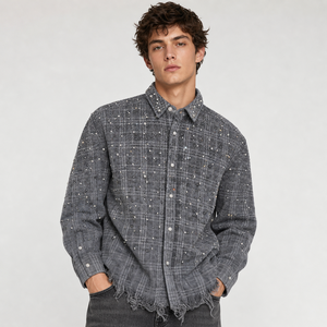 Chemise en flanelle à carreaux perlée pour homme, manches longues, col rabattu, style décontracté urbain - Product Image 1