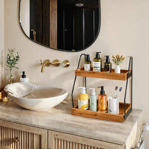 Double-Tier Steel Frame Acacia <b>Wood</b> Bathroom Organizer Multifunctional <b>Bath</b> Essentials <b>Tray</b> Storage for Storage Holders & Racks - Product Image 1