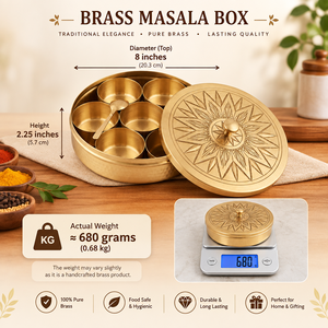 Handcrafted Round Brass Spice Box Starburst Engraved <b>Lid</b> Masala Dabba Kitchen Storage Container <b>With</b> Spoon for Home Hotel Decor - Product Image 5