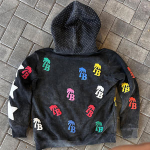 Sweat à capuche violet zippé pour homme, imprimé lettres effet craquelé, style streetwear délavé, entièrement orné de strass en trois couleurs - Product Image 6