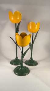 Tulip Flowers Three Tall Metal <b>Candlesticks</b> in Bright Yellow and Green for Christmas Home Decoration - Product Image 2