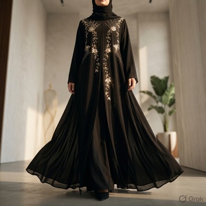 Abaya noire élégante à imprimé floral brodé, silhouette droite, longueur au sol, en viscose, robe de soirée/formelle - Product Image 3