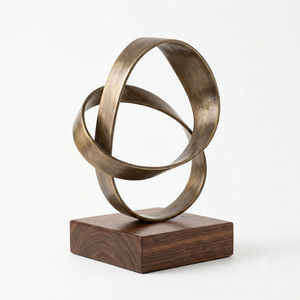 Sculpture moderne abstraite de couple familial, figurine en bronze et argent, art contemporain pour table avec base en bois - Product Image 3