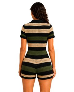 Combinaison en tricot rayée noire, verte et beige pour femme, manches courtes, col polo, été, décontractée, une pièce, coupe ajustée, design personnalisé - Product Image 2