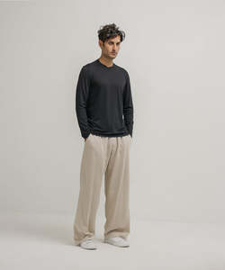 Pantalon large en maille beige pour homme, taille élastique, décontracté, léger, en coton et élasthanne, respirant, style printemps - Product Image 3