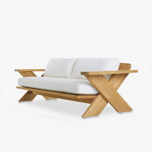 Solid Teak Wood X-Frame <b>Outdoor</b> <b>Garden</b> Sofa with Weather-Resistant White <b>Cushions</b> - Product Image 1