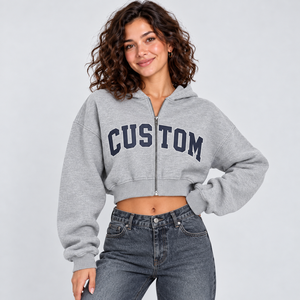 Custom Varsity Letter Print <b>Cropped</b> <b>Zip</b> <b>Up</b> <b>Hoodie</b> Women Fleece Drop Shoulder Crop Top Sweatshirt Blank Thick <b>Zip</b> <b>Hoodie</b> - Product Image 1
