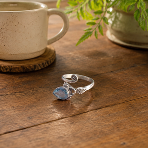 Anillo de Plata de Ley 925 con Topacio Azul Pera Natural, Chapado en Oro Rosa y Oro, Hecho a Mano, con Diseño de Hojas y Estilo Bohemio para Mujer - Product Image 6
