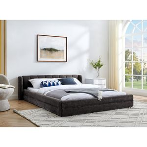 Letto matrimoniale imbottito con testiera in tessuto ciniglia spesso e piattaforma in legno massello - Product Image 2