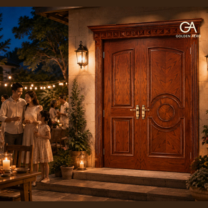 GA-49S Puerta Doble de Entrada Principal de Madera Sólida con Panel Arquitectónico, Directo de Fábrica para Proyectos de Casas Personalizadas - Product Image 1