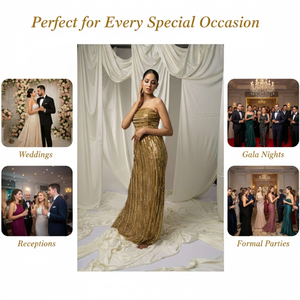 Luxury Gold <b>Sequin</b> Evening Gown for Women | Strapless High Slit Formal Party Dress Elegant Wedding Reception Prom Wear Fashion - Product Image 5