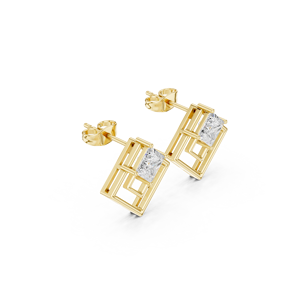 Boucles d'oreilles clous fantaisie à double carré, disponibles en or jaune 14 carats avec diamants de laboratoire taille princesse, prix de gros - Product Image 4