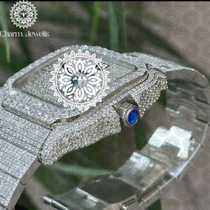 Montre rectangulaire en acier inoxydable Charm_Jewells avec lunette sertie de diamants, verre saphir, mouvement à quartz analogique, luxe, mode, unisexe - Product Image 4
