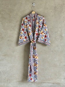Premium Hand Block Print Cotton Kimono Robe V-neck Belt Closure Long Wide Sleeve Boho Beach Cover Spring <b>Knee</b>-Length Summer - Product Image 1