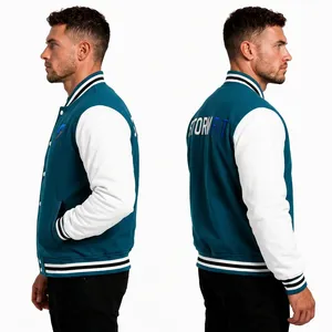 Chaqueta Varsity Unisex Personalizada en Verde Azulado y Blanco, Estilo Preppy, Logotipo Bordado, Corte Regular, Cuello Alto, Ropa de Invierno, Lana y Cuero - Product Image 5