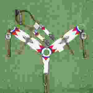 Juego de cabezada de mohair rojo, azul real y blanco, decorado con correa frontal a juego de 32 pulgadas con cuero argentino. - Product Image 2