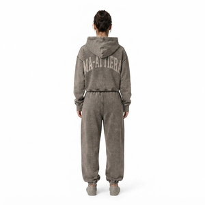 Custom Women Acid Wash Gray <b>Cropped</b> Hoodie <b>Jogger</b> Set Cotton Fleece Oversized Streetwear Tracksuit OEM Wholesale - Product Image 2