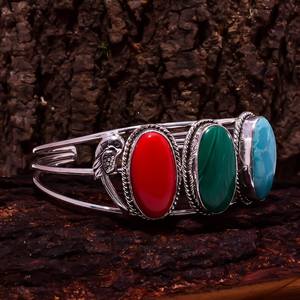 กำไลข้อมือเงินประดับหินหลากชนิด ปะการังแดง มาลาไคต์ ฮาวไลต์ ทำมือ สไตล์โบโฮ เครื่องประดับอัญมณี ของขวัญ - Product Image 3