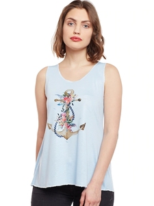 Camiseta sin mangas con estampado floral azul claro para mujer, cuello redondo, de punto, de algodón, sin mangas, informal, para verano - Product Image 1