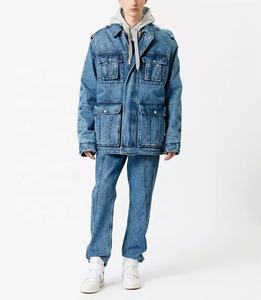 Custom <b>light</b> blue 100% cotton denim washed fleece lining winter jeans jackets men wholesale <b>multi</b> pocket front zip-up coat - Product Image 1