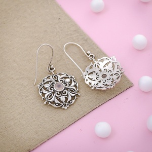 925 Sterling <b>Silver</b> Rose Quartz Floral Filigree <b>Dangle</b> <b>Earrings</b> Handmade Vintage Boho Gemstone Hook <b>Earrings</b> for Women - Product Image 3