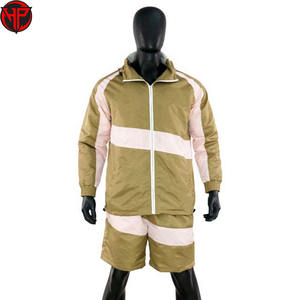 ชุดวอร์มไนลอนแบบมีซิปพร้อมฮู้ดและกางเกงขาสั้น ชุดวอร์มผ้ากันลมแบบเรียบ ชุดวอร์มผู้ชาย - Product Image 1