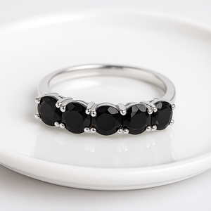 Rhaya Jewels 925 Sterling <b>Silver</b> Rhodium-Plated 5 Black Onyx Prong Set Classic Engagement Wedding Eternity <b>Band</b> <b>Ring</b> 2.2g - Product Image 2