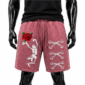 Shorts de survêtement graphiques pour hommes de haute qualité, style streetwear, imprimé squelette rose, en molleton de coton, coupe décontractée, hip-hop, pour la gym et la plage - Product Image 1