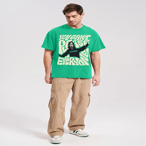 240G coupe ample coton indien à manches courtes unisexe haute rue pour hommes hors épaule large solide sérigraphie T-shirt - Product Image 3